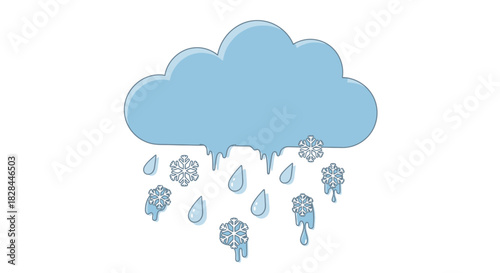 Cartoon cloud with falling raindrops and snowflakes on a white background illustration