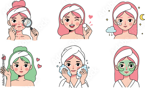 Set of six diverse cartoon women with towels on their heads applying skincare products and enjoying a spa day at home