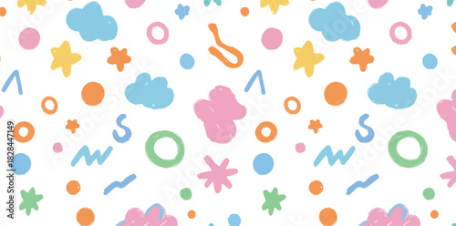 Whimsical abstract shapes and doodles in pastel colors on a white background seamless pattern