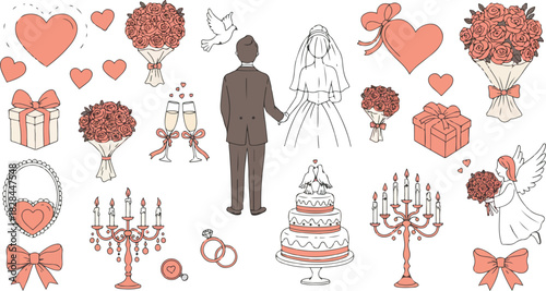 Collection of hand drawn wedding elements including cakes bouquets and a groom in a suit