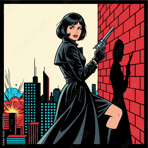 Female Detective Agent Holding Gun in Comic Book City Action