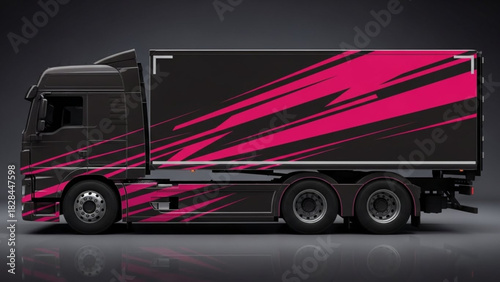 Side profile of a modern black semi-truck with a vibrant pink abstract graphic wrap on the trailer.