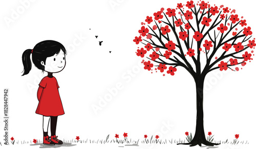 A young girl in a red coat stands looking at a stylized tree with red leaves on a white background
