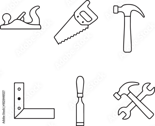 Set of hand tools for woodworking and construction line art icons