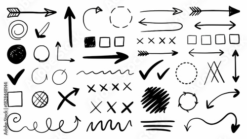 Hand drawn doodle elements mega set with arrows circles squares and check marks for design and infographics