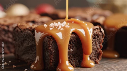Brownie is drizzled with caramel and sprinkled with salt on a wooden surface in a studio setup