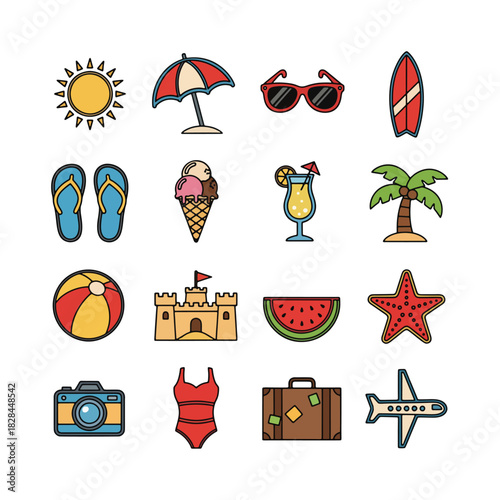 Summer Vacation Icons: Beach Travel and Leisure Elements Collection.