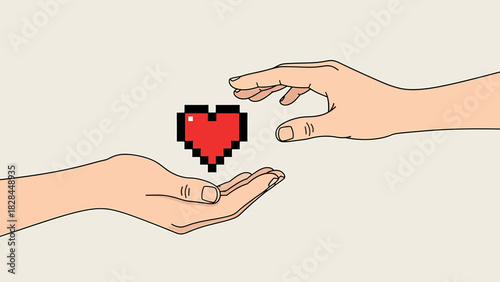 Hands exchanging a pixelated heart, symbolizing love and connection.