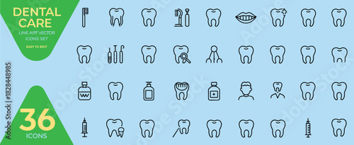 dental care line art vector icons set, easy to edit collection of 36 icons including teeth, tooth, mouth, lips, smile, braces, crown, implant, and screw illustrations for professional dental design.