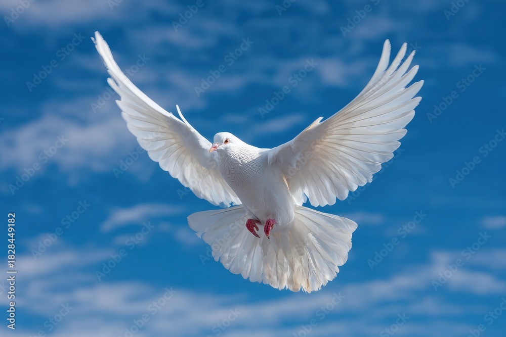 Fototapeta premium White dove soaring against a bright blue sky with fluffy clouds during the daytime