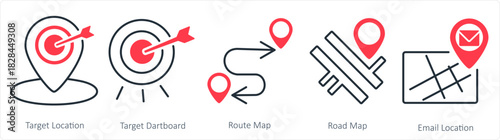A set of 5 business icon as target location, target dartboard, route map