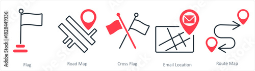 A set of 5 business icon as flag, road map, cross flag