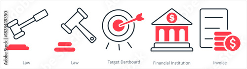 A set of 5 business icon as law, target dartboard, financial institution