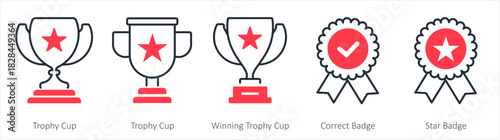 A set of 5 business icon as trophy cup, winning trophy cup, correct badge