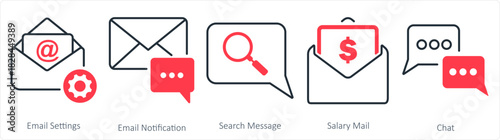 A set of 5 business icon as email settings, email notification, search message