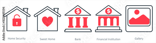 A set of 5 business icon as home security, sweet home, bank