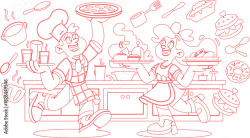 Cartoon Chefs Serving Pizza, Desserts, Burgers, and Drinks Red Outline Culinary Delights