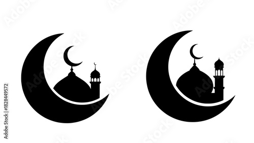 Mosque silhouette and crescent moon icon