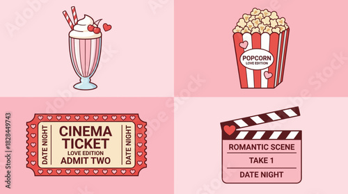 Romantic Date Night - Milkshake, Popcorn, Movie Ticket, and Clapperboard.
