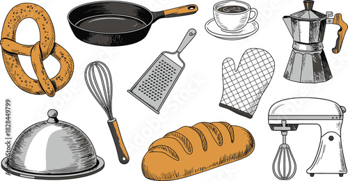 Illustrated Kitchen Utensils Still Life Mixer, Grater, Coffee Cup, Bread, Pan, and More