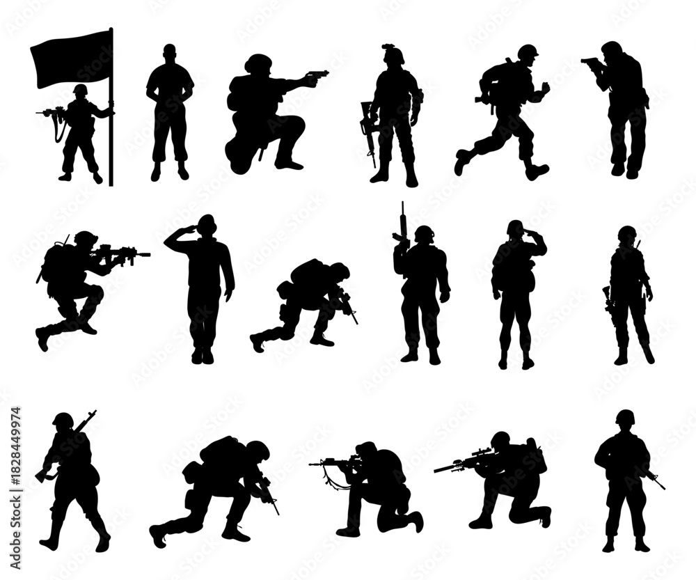 Obraz premium Militery army soldiers with guns silhouette element