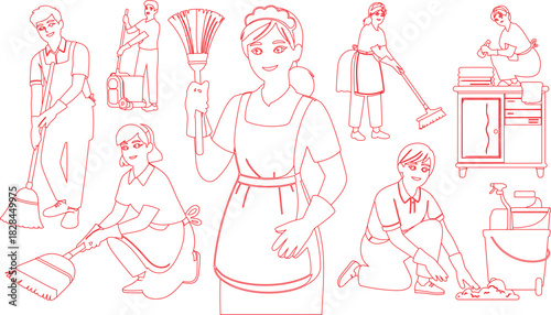 Line Art Depicting Cleaning Staff with Various Tools Broom, Mop, Duster, Vacuum, and Supplies