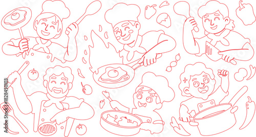 Line Art Illustration Smiling Chefs Cooking Breakfast, Stirring Pots, Frying Eggs and Preparing Food