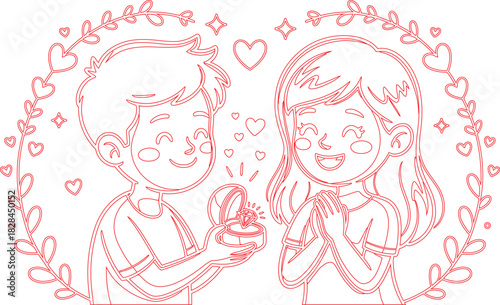 Man Proposing with Ring to Smiling Woman, Surrounded by Hearts and Floral Frame