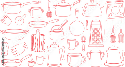 Outlined Red Kitchenware Illustration Pots, Pans, Mugs, Utensils, Cutting Board, and Oven Mitts Seamless Pattern