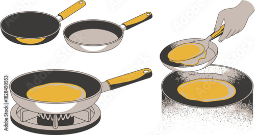 Pancake Cooking Steps Illustration Empty Pans, Spoon Pouring Batter, Frying on Stove Burner