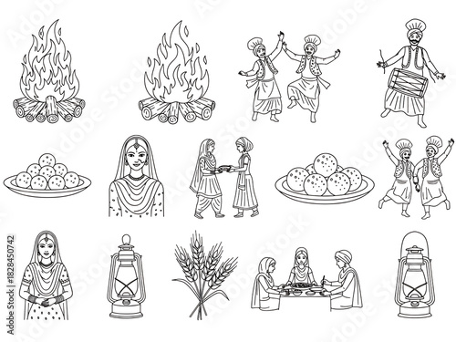 Collection of black and white line art icons representing traditional punjabi culture and festival celebration elements isolated on transparent background