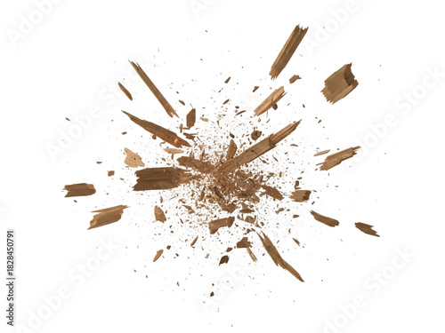 Wood shavings and splinters exploding outwards isolated on transparent background