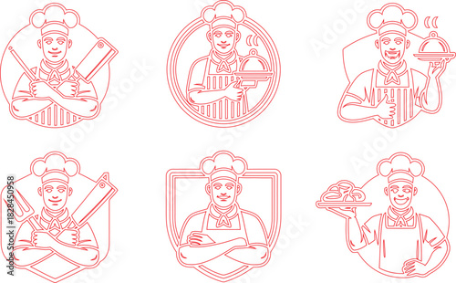 Red Outline Chefs Butchers with Cleavers, Waiters with Food on Trays, and Cooks Set