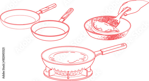 Red Outline Illustration Showing Pancake Preparation Stages Empty Pans, Cooking Process, and Serving