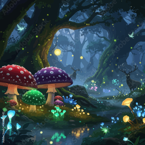 Enchanted forest illustration with colorful mushrooms and glowing lights a fantasy landscape for storybooks and magical themes digital art