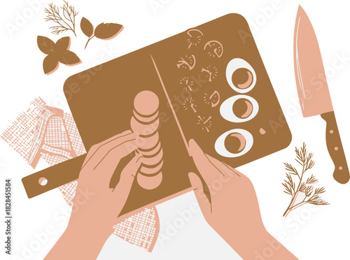 Slicing Tomatoes and Hard Boiled Eggs on a Wooden Cutting Board Illustration With Knife