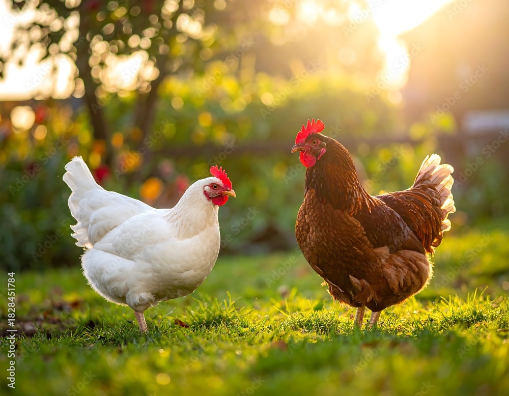 Fototapeta premium Two chickens, white and brown, stand in a sunny garden, looking at the camera