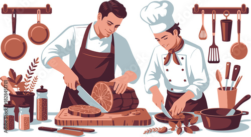 Two Professional Chefs Slicing Meat on Wooden Boards Surrounded by Kitchen Utensils Illustration