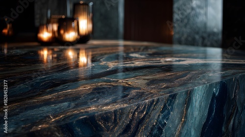 Luxurious dark blue marble table with glowing candlelight, elegant interior design detail