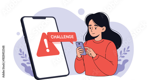 A young woman engages with a mobile app displaying a 'challenge' notification on a large screen, symbolizing digital interaction and problem-solving.