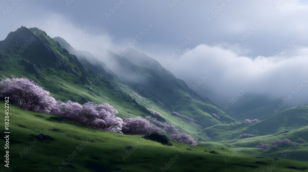 Fototapeta premium Mountain Range: A breathtaking panorama unfolds, showcasing majestic mountains shrouded in ethereal mist, where the valley whispers with the scent of blossoming floral. capturing the raw.