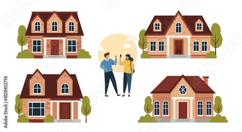 Illustrated residential houses surrounding a couple interacting with smartphones, symbolizing real estate, community, and digital connection.
