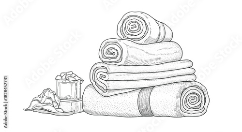 Black and white line drawing of a tidy stack of rolled and folded bath towels, accompanied by spa bath salts and fresh leaves, conveying comfort and relaxation.