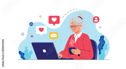 Happy senior woman on a laptop, receiving social media likes and messages, embracing digital connection and online life.