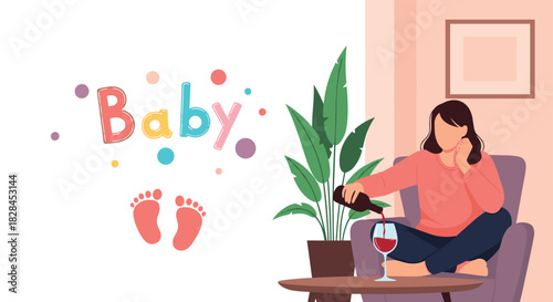 A woman pours red wine, a poignant scene contrasting with 'Baby' text and footprints, hinting at complex emotions about motherhood.