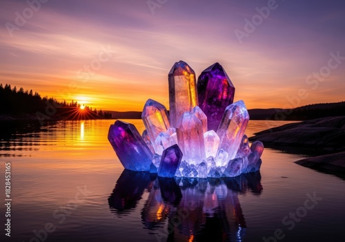 Wallpaper Mural Glowing amethyst crystal cluster reflects in water at sunset Torontodigital.ca