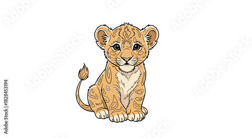 Adorable cartoon lion cub with a friendly expression and distinctive markings sitting on a clean white backdrop, ideal for various designs.