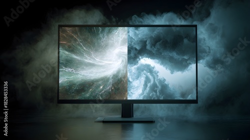 Dramatic display showcasing contrasting storm and nebula imagery, high definition, dark moody atmosphere