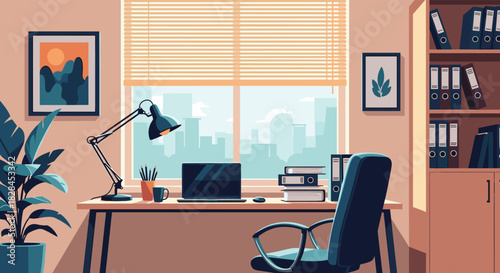 Modern home office interior with a desk, laptop, ergonomic chair, and storage, bathed in soft light from a window with a city view.