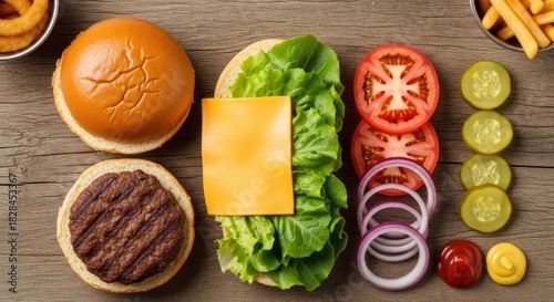 Wallpaper Mural A burger with various ingredients on a wooden table. Torontodigital.ca